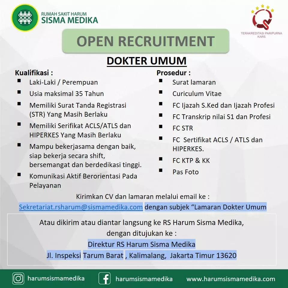 Lowongan Kerja Dokter Umum Rumah Sakit Harum Sismamedika